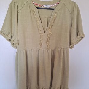 Umgee Olive Fringe-Trim Short Sleeve Peasant Tunic